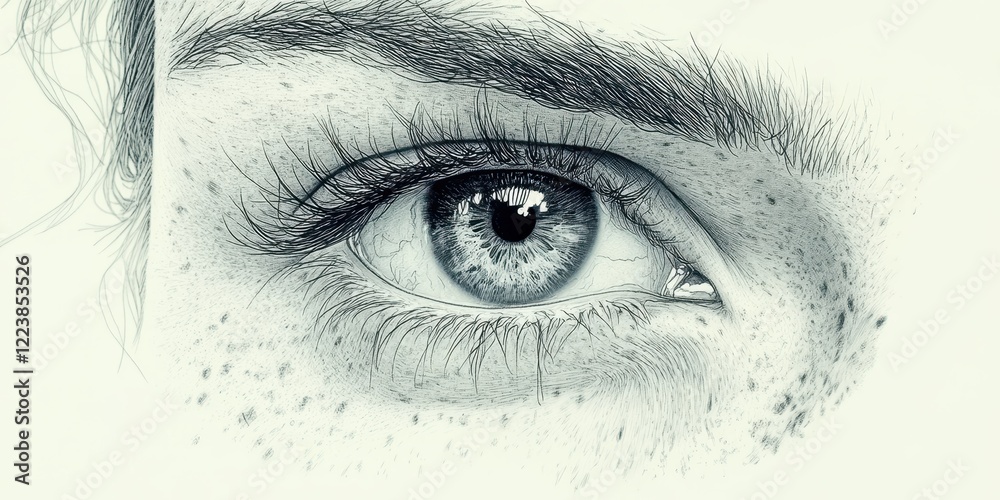 Obraz premium Close-up Portrait of a Human Eye Showcasing Detailed Iris, Eyebrow, and Freckles with Monochrome Artistic Touch and Subtle Lighting Effects