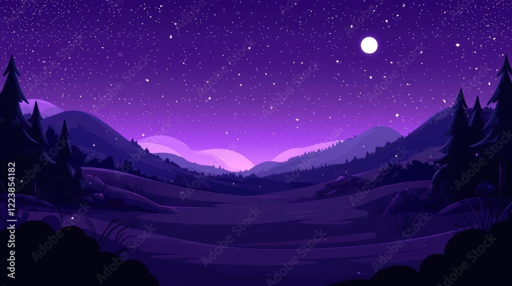 Fototapeta premium Nighttime Landscape with a Full Moon and a Starry Sky Over Silhouetted Mountains and Trees