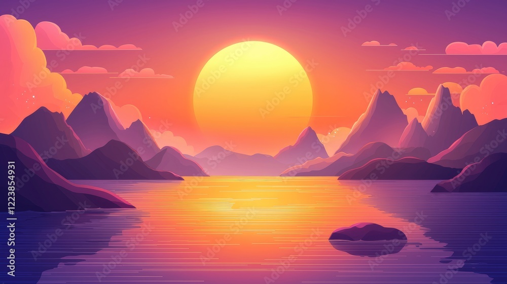 Naklejka premium A Vibrant Sunset over a Mountainous Landscape with a Calm Lake