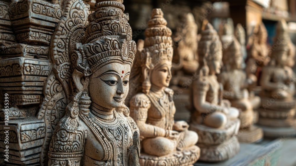 Intricate Carved Statues in a Nepali Market