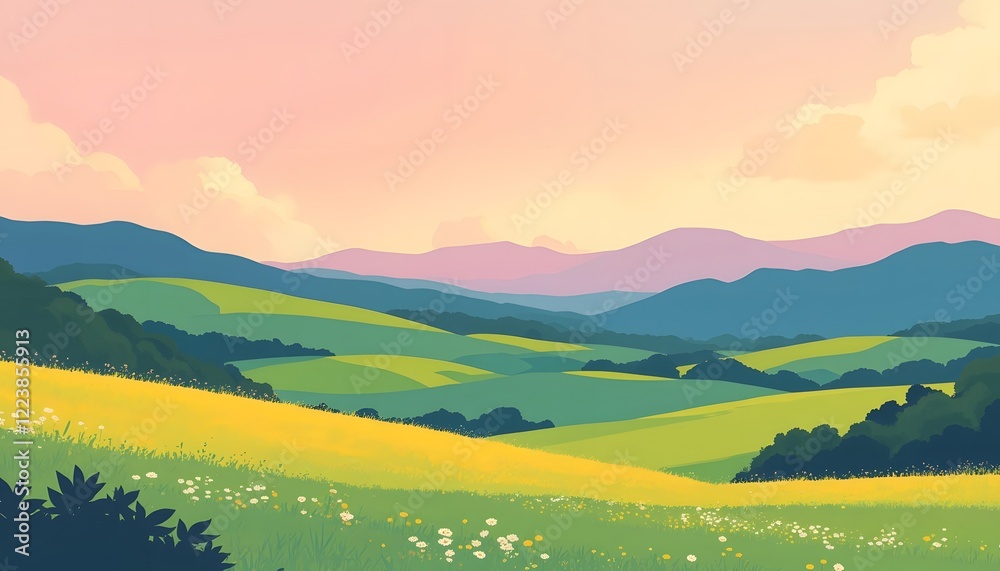 Naklejka premium Serene Sunset Over Rolling Green Hills and Yellow Fields