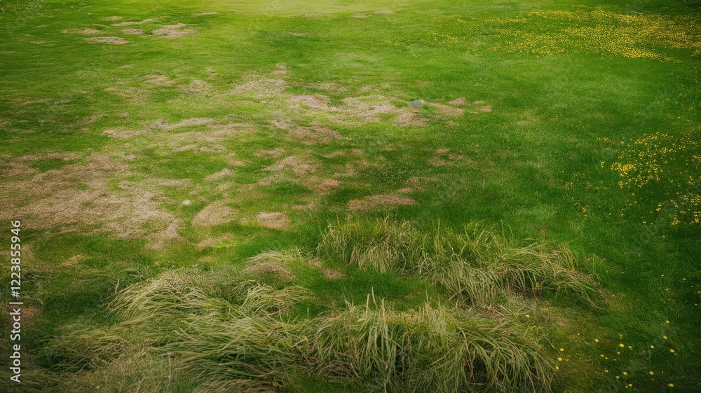 Obraz premium Aerial view of a grassy field with patches of wilted grass and vibrant wildflowers, showcasing the contrast between healthy greenery and dry areas.