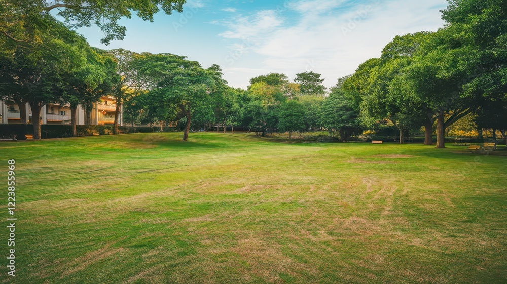 Obraz premium A serene, lush green park with tall trees and a clear blue sky, perfect for leisurely strolls and relaxation.