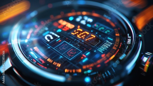 Wallpaper Mural Futuristic Smartwatch Interface: A Close-Up of a High-Tech Timepiece Displaying Advanced Digital Data and Information. Torontodigital.ca