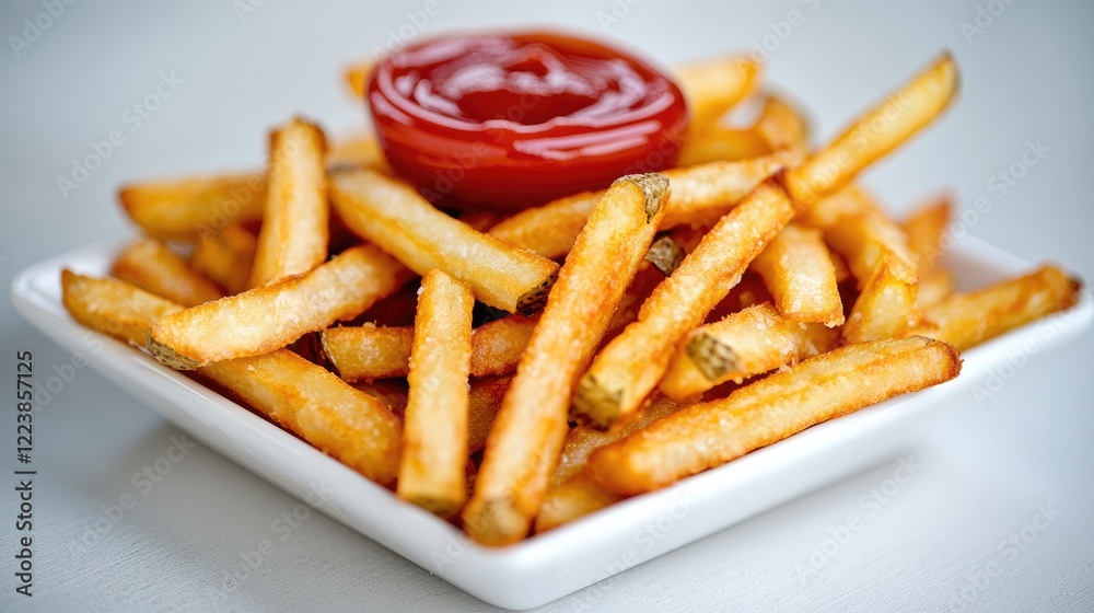 Golden French fries with ketchup on a white plate. Food photography for menus or websites Golden French fries with ketchup on a white plate. Food photography for menus or websites