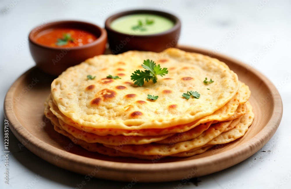 Stack of golden Uttapam on wooden plate with chutney. Homemade South Indian breakfast dish. Freshly cooked. Tasty, healthy breakfast option. Delicious meal with spices, coriander. Perfect for morning Stack of golden Uttapam on wooden plate with chutney. Homemade South Indian breakfast dish. Freshly cooked. Tasty, healthy breakfast option. Delicious meal with spices, coriander. Perfect for morning