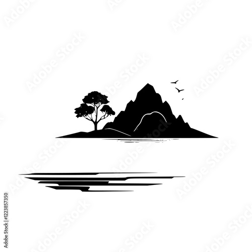 Serene Mountain Lake Landscape: Minimalist Black and White Nature Scene. A peaceful view of a mountain, tree, and calm lake, perfect for nature lovers and minimalist art enthusiasts.