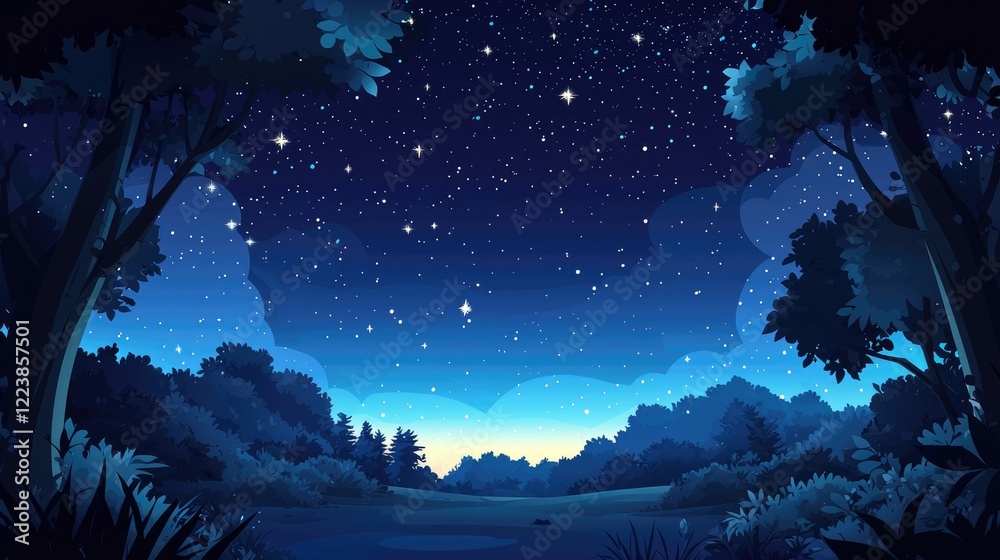Fototapeta premium Nighttime Forest with a Starry Sky and Silhouetted Trees