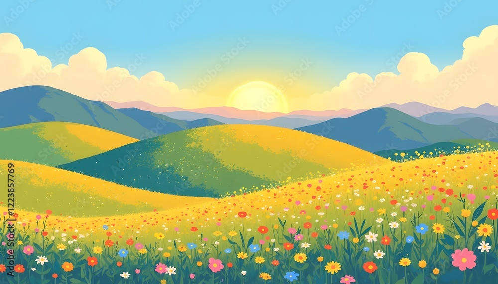 Sunny Meadow Landscape with Rolling Hills and Colorful Flowers Sunny Meadow Landscape with Rolling Hills and Colorful Flowers