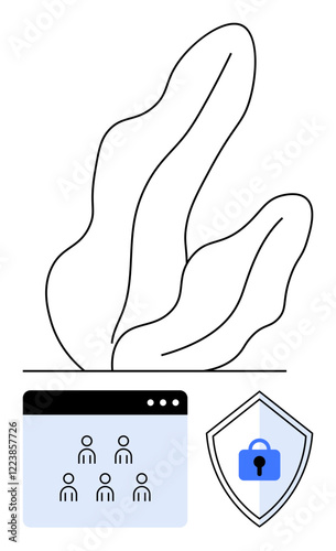 Group user interface window and shield with lock icon beside abstract line art. Ideal for cybersecurity, privacy, teamwork, remote work, digital identity, online safety, abstract line flat metaphor