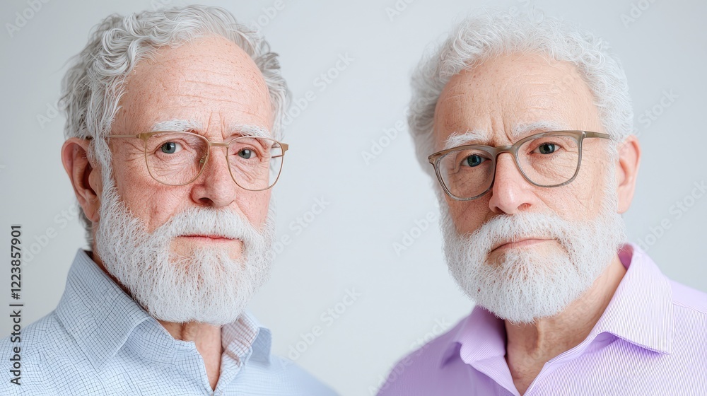 Two senior men portrait, serious expression, studio background, healthcare advertising Two senior men portrait, serious expression, studio background, healthcare advertising