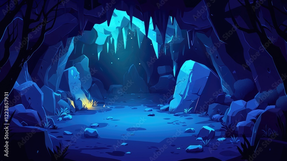 Fototapeta premium A Mystical Blue Grotto with Glowing Icicles and Scattered Rocks