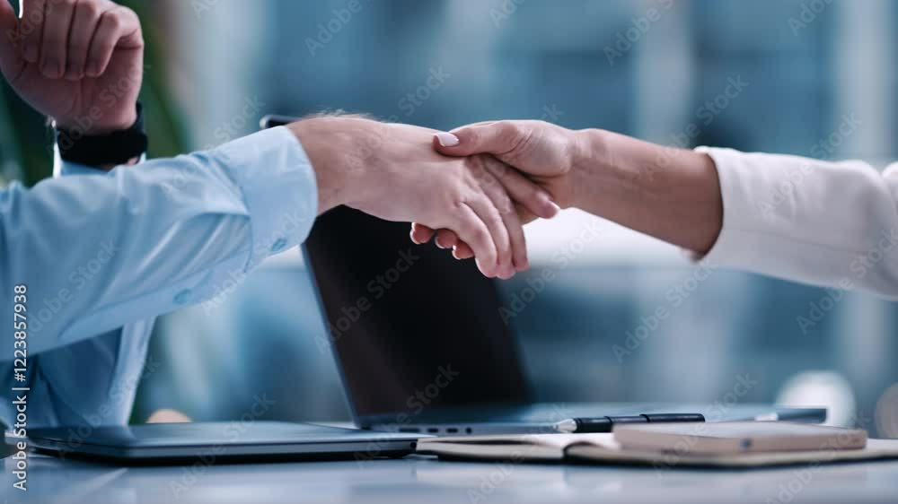 Close-up of a laptop on a desk in a business center as a man and woman shake hands to seal a deal. Concept of successful business partnerships and contract signing.