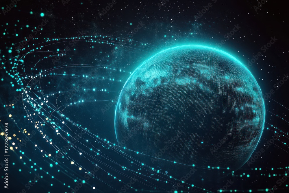 Obraz premium Futuristic Digital Globe with Interconnected Hexagons and Cyberpunk Data Visualizations on Starry Background