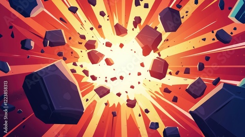 Cartoon Explosion with Black Rocks and Bright Rays of Light