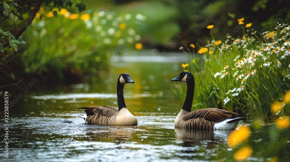 Obraz premium A pair of geese swimming in a peaceful river, surrounded by lush green grass and wildflowers.