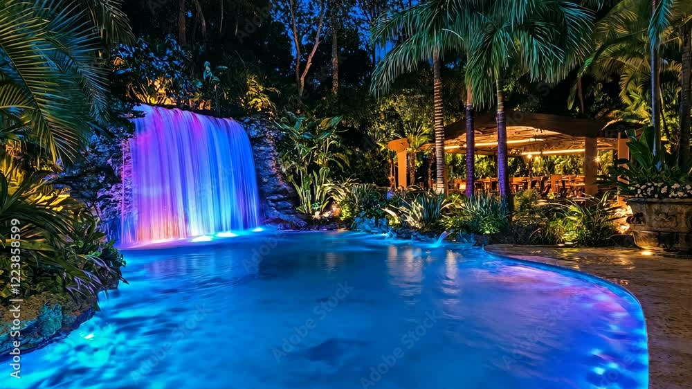 Tranquil evening by the illuminated waterfall and serene pool in a lush tropical garden