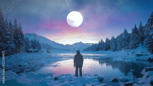 Wallpaper Mural Seamless looping time lapse animation video background. Man standing on frozen lake under bright full moon  
 Torontodigital.ca