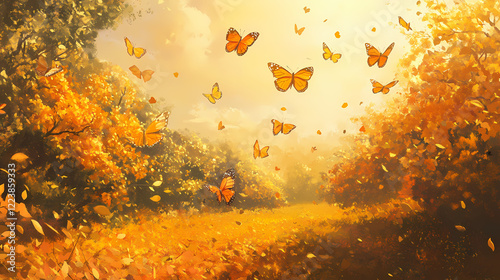 A field brimming with hordes of orange-yellow butterflies soaring above an orchard of orange-yellow foliage. Amber Grove. Illustration photo