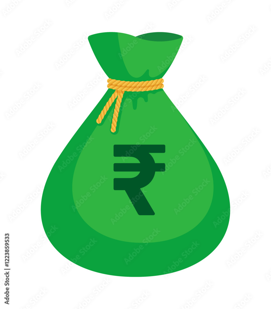 Green money bag with Indian Rupee sign (₹). Economy, finance, wealth, profit, income, banking, INR currency concept. Flat vector illustration isolated on a white background
Green money bag with Indian Rupee sign (₹). Economy, finance, wealth, profit, income, banking, INR currency concept. Flat vector illustration isolated on a white background