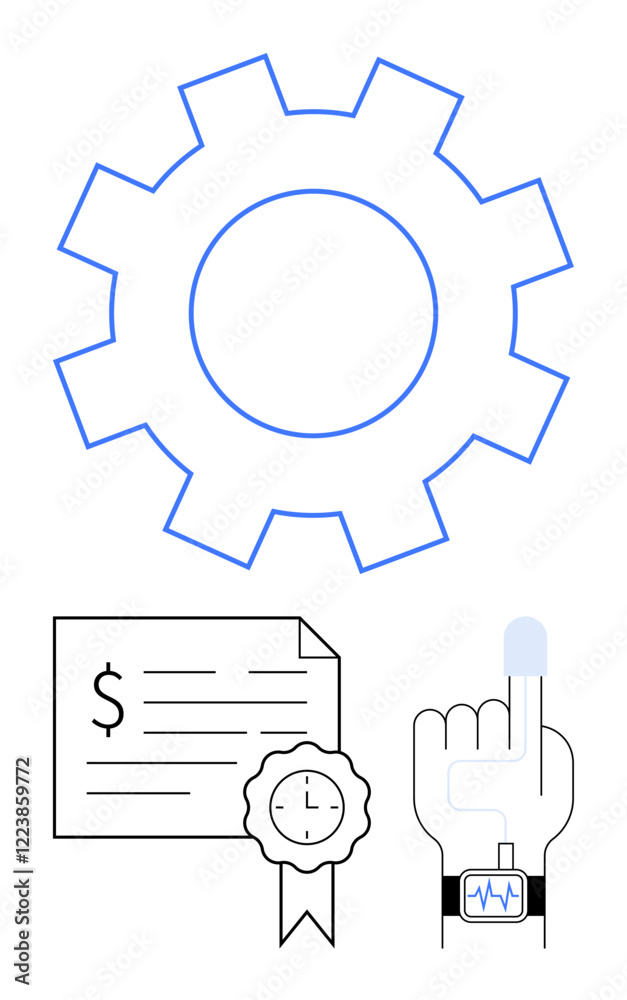 Gear, certificate with seal and dollar sign, checkmark icon, finger with smartwatch highlighting a blue pulse. Ideal for productivity, achievement, wellness, certification, technology finance Gear, certificate with seal and dollar sign, checkmark icon, finger with smartwatch highlighting a blue pulse. Ideal for productivity, achievement, wellness, certification, technology finance