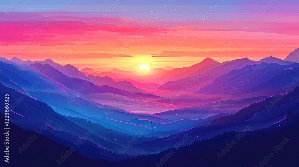 Obraz premium A Stunning Sunset Over a Mountain Range with Pink and Blue Hues