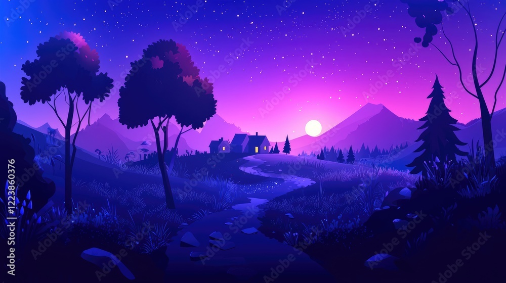 Fototapeta premium A Silhouetted Woodland Scene with Houses and a Moonlit Sky