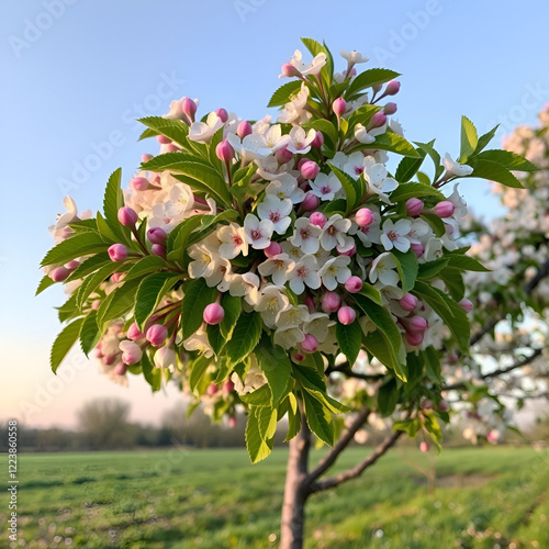 Beautiful, fragrant bird cherry (Prunus padus, hackberry, hagberry or Mayday tree) in the spring evening, in the countryside. photo