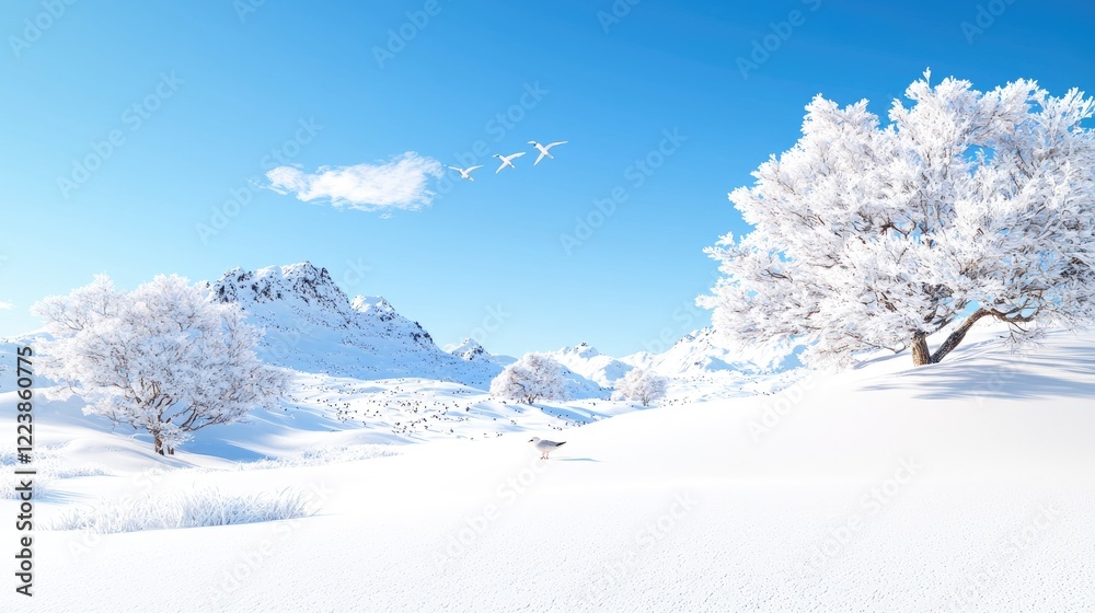 Snowy mountain landscape; birds fly; winter wonderland; perfect for calendar Snowy mountain landscape; birds fly; winter wonderland; perfect for calendar