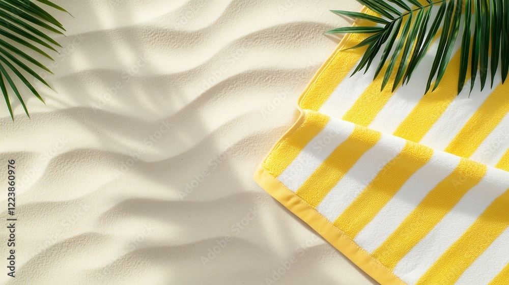 A vibrant yellow-striped towel on soft sand, framed by tropical palm leaves, capturing summer relaxation vibes.