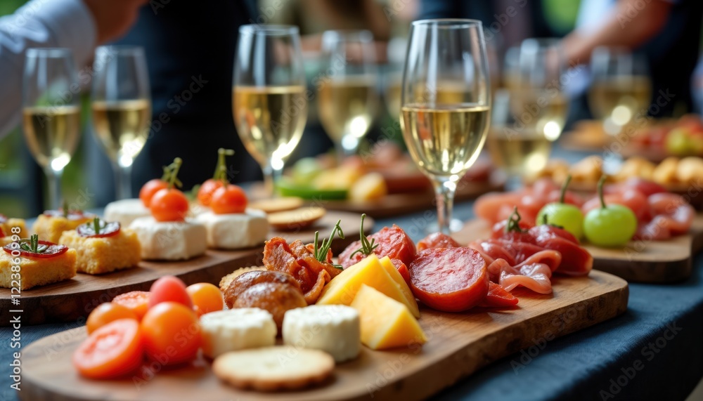 Elegant buffet setup at reception. Various canapes displayed on wooden boards. Guests enjoy selection of cheese, cured meats, fruit. Wine glasses, champagne flutes available. People socialize in Elegant buffet setup at reception. Various canapes displayed on wooden boards. Guests enjoy selection of cheese, cured meats, fruit. Wine glasses, champagne flutes available. People socialize in