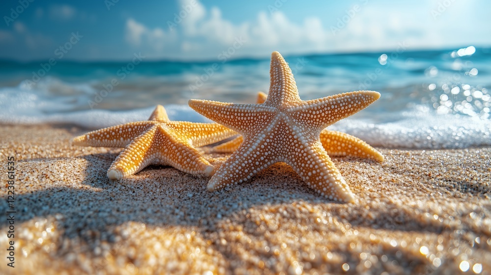 Golden starfish scattered on a sandy beach with waves in the background, capturing a serene tropical seashore moment. Golden starfish scattered on a sandy beach with waves in the background, capturing a serene tropical seashore moment.