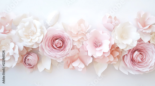 Fototapeta Naklejka Na Ścianę i Meble -  A romantic pastel banner featuring soft pink roses and peonies crafted from paper 