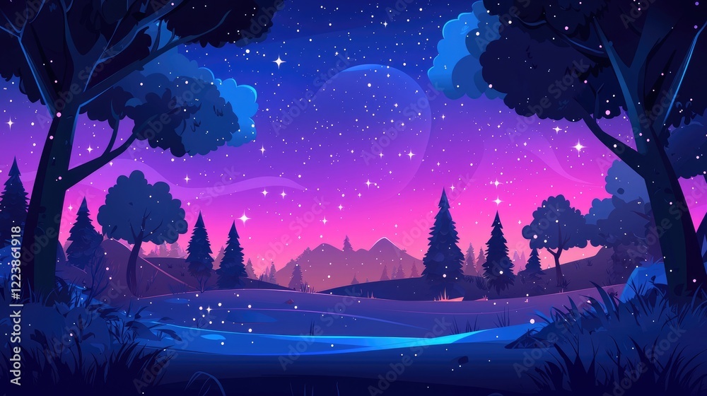 Fototapeta premium A Nighttime Forest Scene with a Starry Sky and a Silhouetted Landscape