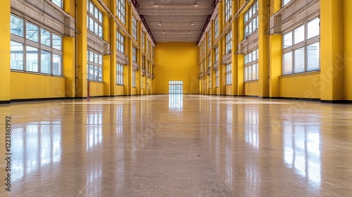 Empty yellow factory interior, spacious floor, industrial architecture, potential for business use photo