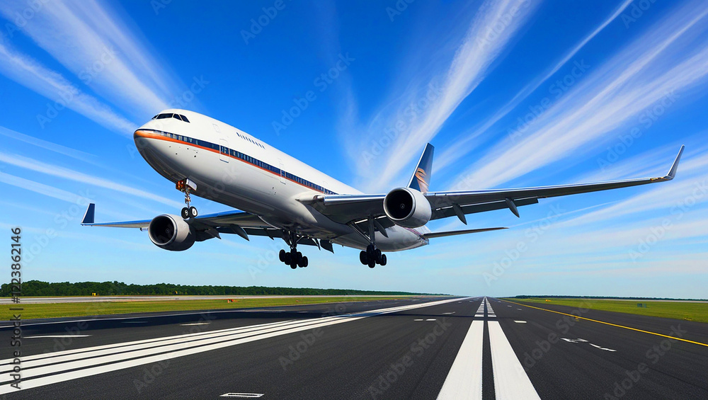 Obraz premium A large white passenger jet is taking off from a runway