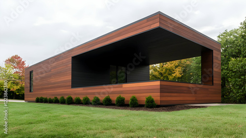 A modern wooden building with a sleek design, featuring large windows and a minimalist aesthetic, surrounded by a green landscape.