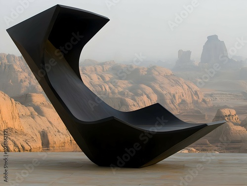 A sleek, modern sculpture gracefully balances on a rocky landscape, showcasing the interplay of form and nature in a tranquil setting.
