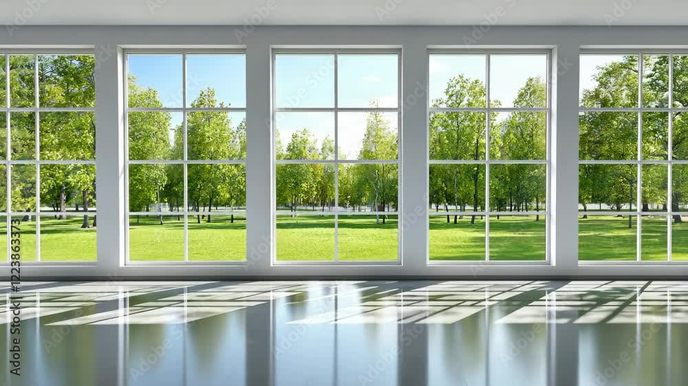 Bright Room Bathed in Sunlight with Trees and Nature Outside Bright Room Bathed in Sunlight with Trees and Nature Outside