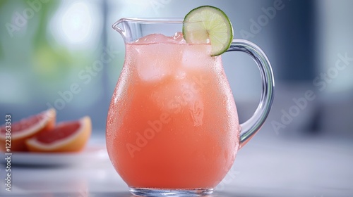 Obraz na płótnie A pitcher of cold grapefruit juice served with a slice of lime on the rim w salonie
