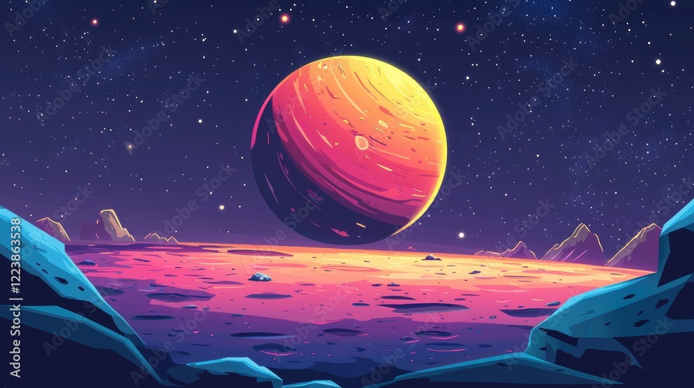 Naklejka premium A Giant Planet in a Starry Sky Above a Rocky Landscape