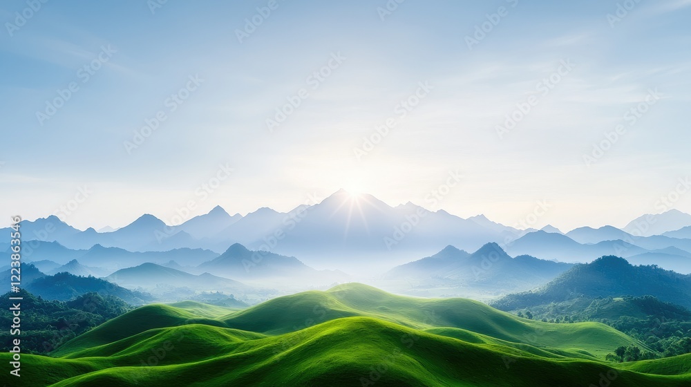 Sunrise over rolling green hills and misty mountains Sunrise over rolling green hills and misty mountains