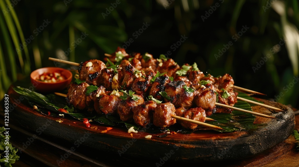 A platter of sizzling grilled meat skewers garnished with fresh herbs