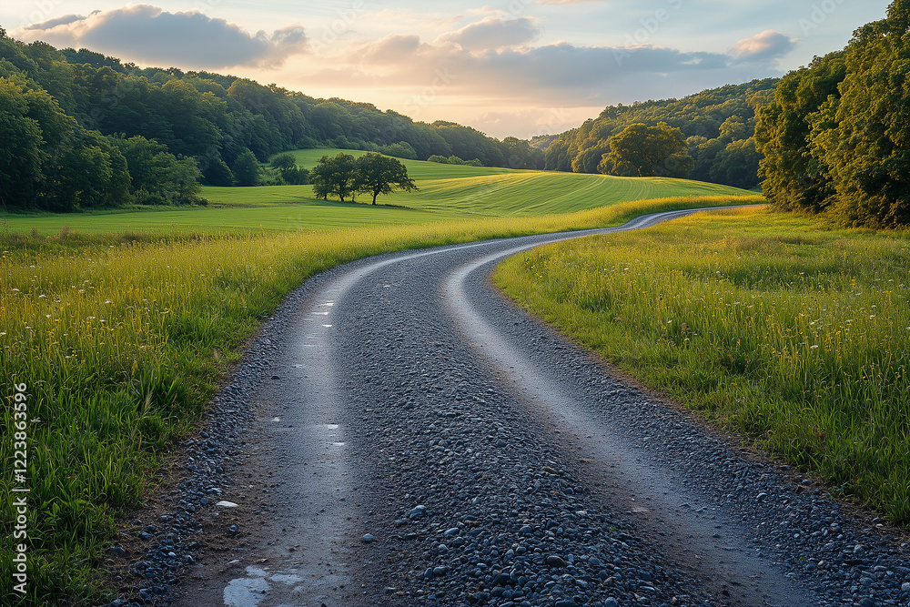 A Winding Gravel Path Leading Through a Countryside Landscape with Rolling Hills and Open Skies A Winding Gravel Path Leading Through a Countryside Landscape with Rolling Hills and Open Skies