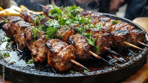 Obraz na płótnie A platter of sizzling grilled meat skewers garnished with fresh herbs w salonie
