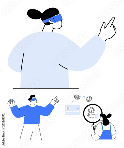Two people with VR headsets interacting with virtual icons including payment card, coins, and magnifying glass focusing on a dollar sign. Ideal for VR technology, fintech, digital payments, online