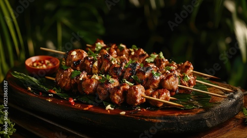 Obraz na płótnie A platter of sizzling grilled meat skewers garnished with fresh herbs w salonie