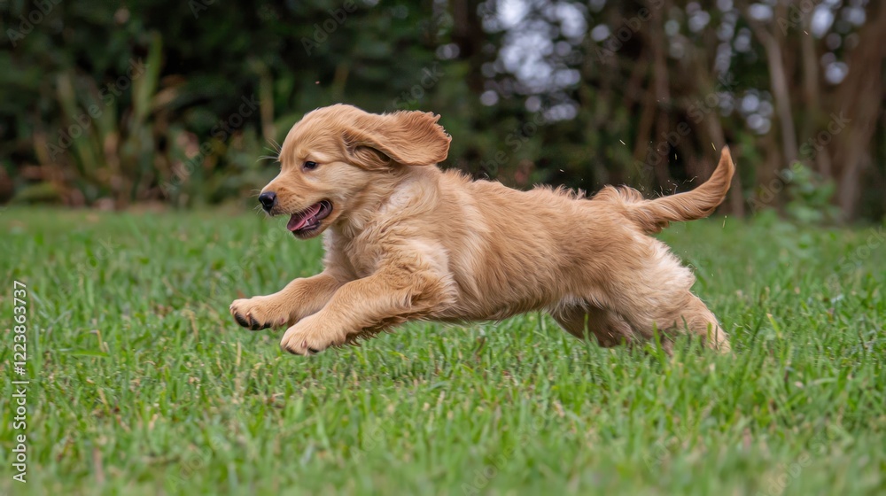 A playful Golden Retriever puppy running across a grassy field with its ears flopping.