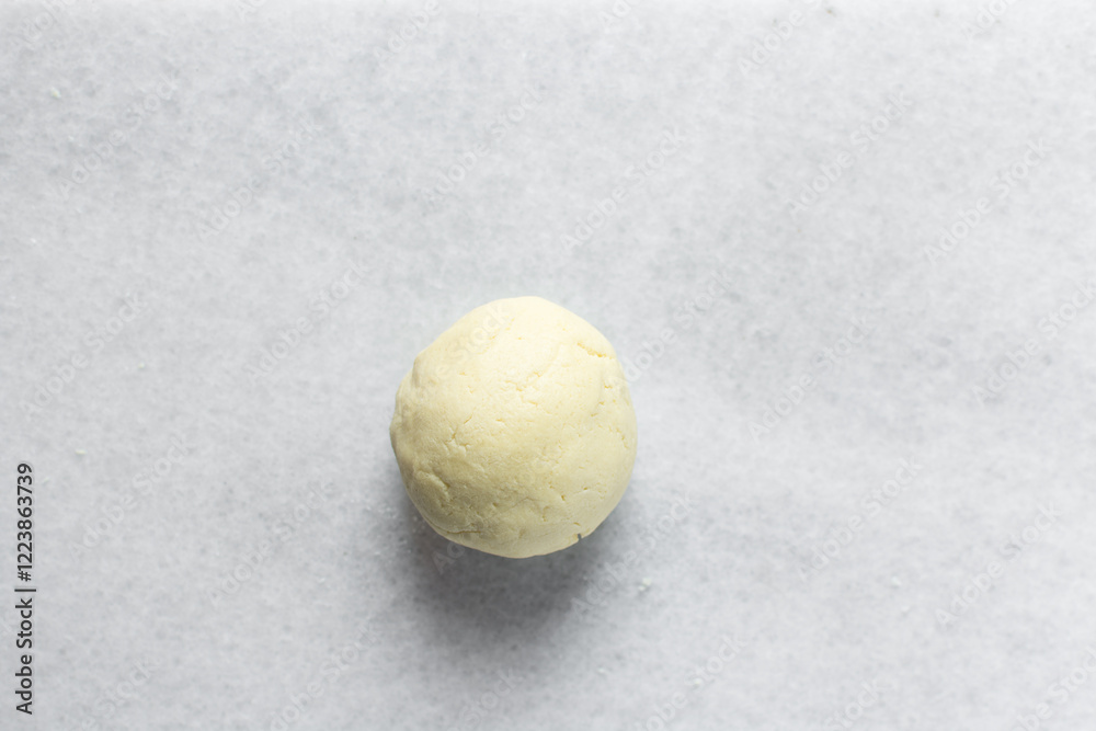 Overhead view of milk balls on a white tray, top view of nigerian gullisuwa dough on a plate, process of making Gullisuwa, a popular snack from northern Nigeria Overhead view of milk balls on a white tray, top view of nigerian gullisuwa dough on a plate, process of making Gullisuwa, a popular snack from northern Nigeria