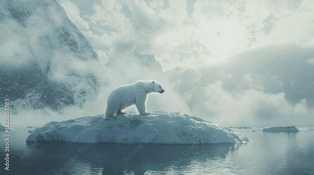 A polar bear on a shrinking ice floe, symbolizing the threats to wildlife caused by global warming.
